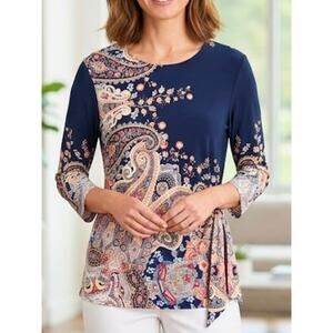 Chico’s Paisley Navy Blue Floral Side Tie Blouse – Size 2 (Large)